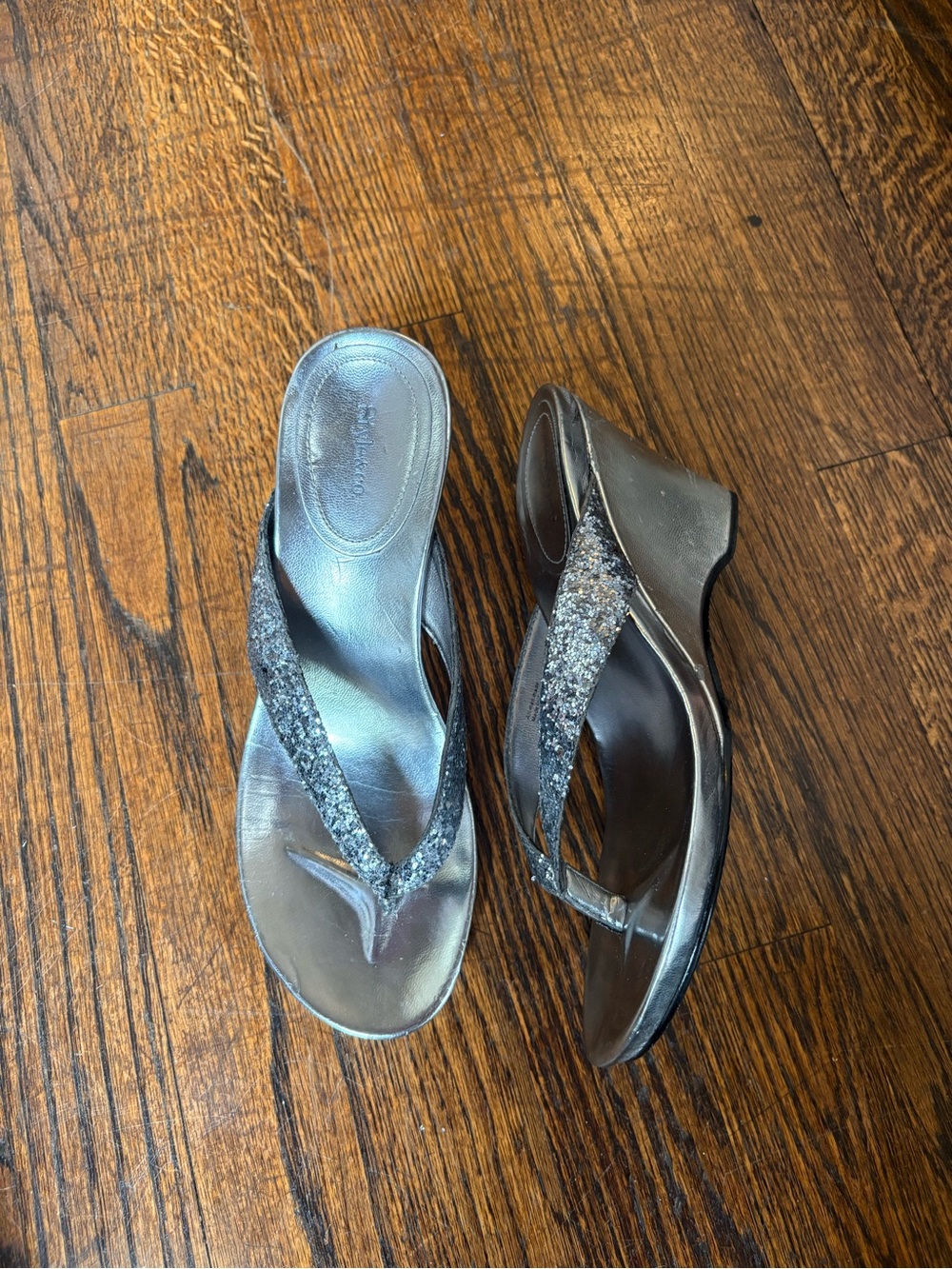 Metallic Silver Wedge Flip Flop Sandals with Glitter Straps